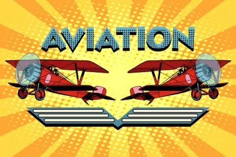 Retro two-winged plane aviation poster Stock Illustration