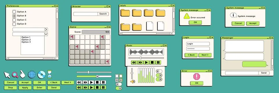 Retro UI. Frame message. Digital dialog boxes. Windows vintage browser. Compu Stock Illustration
