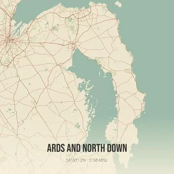 Retro UK map of Ards and North Down. Vintage street map. Stock Illustration