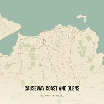 Retro UK map of Causeway Coast and Glens. Vintage street map. Stock Illustration