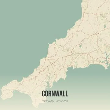 Retro UK map of Cornwall. Vintage street map. Stock Illustration