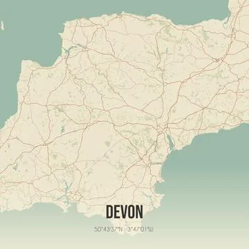 Retro UK map of Devon. Vintage street map. 스톡 일러스트