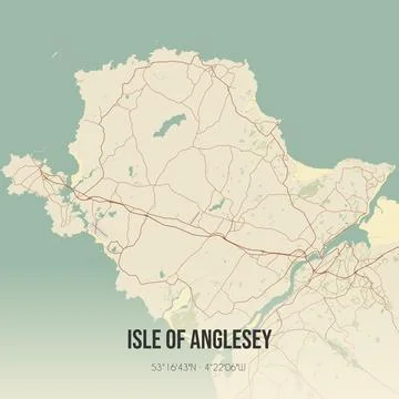 Retro UK map of Isle of Anglesey. Vintage street map. Stock Illustration