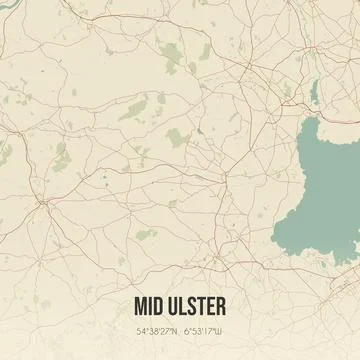 Retro UK map of Mid Ulster. Vintage street map. Stock Illustration