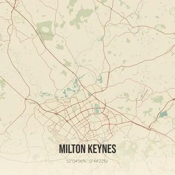 Retro UK map of Milton Keynes. Vintage street map. Stock Illustration