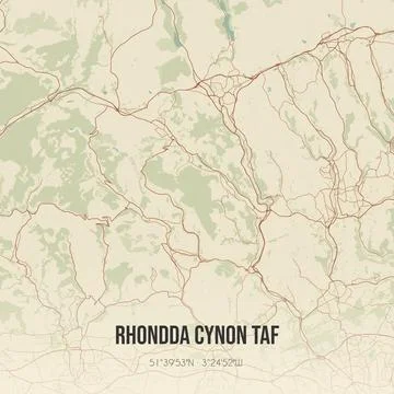 Retro UK map of Rhondda Cynon Taf. Vintage street map. Stock Illustration