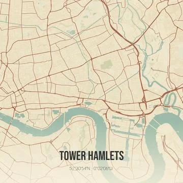 Retro UK map of Tower Hamlets. Vintage street map. Stock Illustration