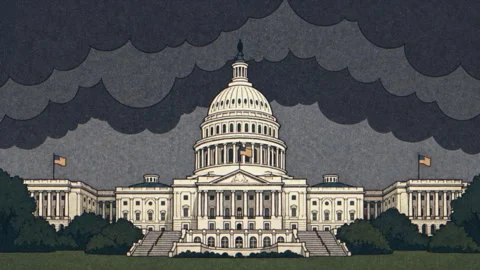 Retro US Capitol in Storm Clouds Political Crisis Animation Видео 347473317