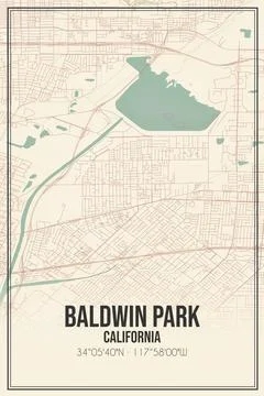 Retro US city map of Baldwin Park, California. Vintage street map. Ilustração Stock