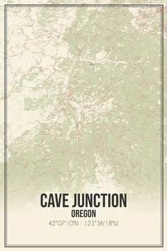 Retro US city map of Cave Junction, Oregon. Vintage street map. Stock Illustration