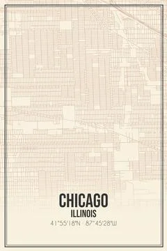 Retro US city map of Chicago, Illinois. Vintage street map. Stock Illustration