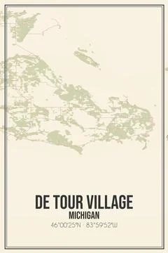 Retro US city map of De Tour Village, Michigan. Vintage street map. Stock Illustration
