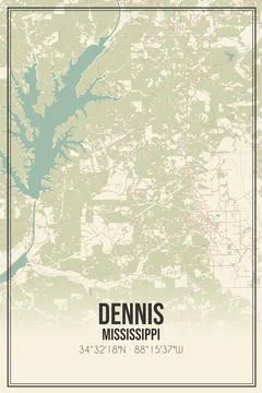 Retro US city map of Dennis, Mississippi. Vintage street map. Stock Illustration