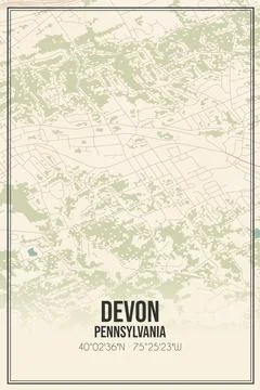 Retro US city map of Devon, Pennsylvania. Vintage street map. Stock Illustration