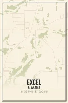 Retro US city map of Excel, Alabama. Vintage street map. Stock Illustration