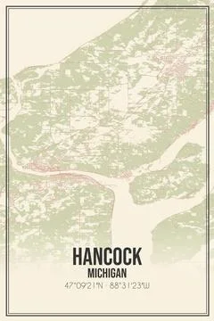Retro US city map of Hancock, Michigan. Vintage street map. Stock Illustration