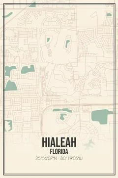 Retro US city map of Hialeah, Florida. Vintage street map. Stock Illustration