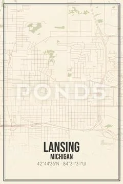 Retro US city map of Lansing, Michigan. Vintage street map ...