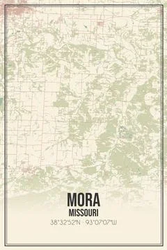 Retro US city map of Mora, Missouri. Vintage street map. Stock Illustration