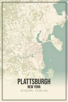 Retro US city map of Plattsburgh, New York. Vintage street map. Stock Illustration