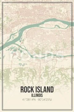 Retro US city map of Rock Island, Illinois. Vintage street map ...