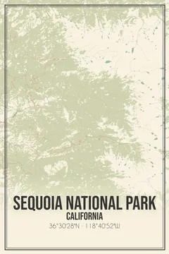 Retro US city map of Sequoia National Park, California. Vintage street map. Ilustración de archivo