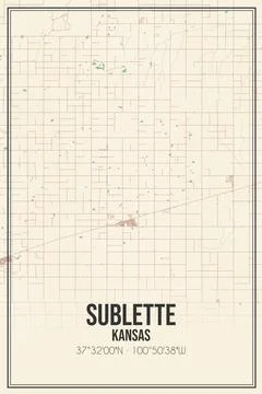 Retro US city map of Sublette, Kansas. Vintage street map. Stock Illustration