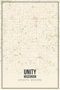 Retro US city map of Unity, Wisconsin. Vintage street map. Stock Illustration