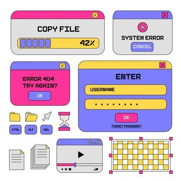 Retro user interface elements set - tabs, buttons, windows, folders. Vintage Stock Illustration