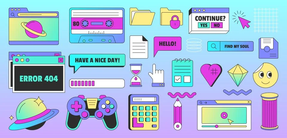 Retro user interface elements in vaporwave style Stock Illustration
