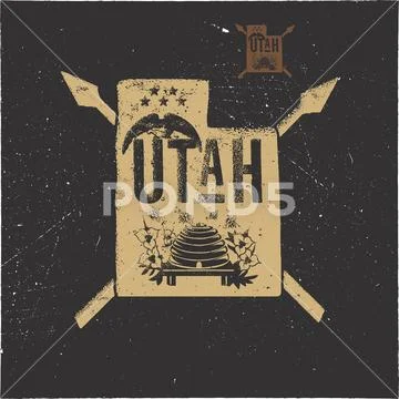 Retro Utah poster with local symbols. USA state badge isolated on distressed Stock Illustration