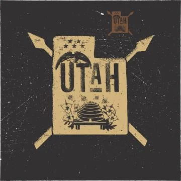 Retro Utah poster with local symbols. USA state badge isolated on distressed Stock Illustration