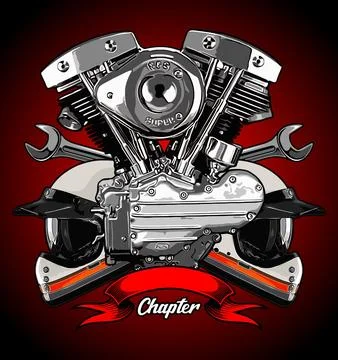 Retro v-twin engine and two helmets Stock Illustration