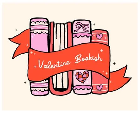 Retro Valentine Bookish Book Stack with Banner Whimsical Bold Lined Hand Draw Stock Illustration