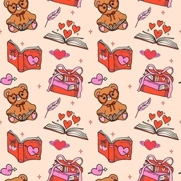 Retro Valentine Bookish Seamless Pattern Teddy Reading isolated on Background Stock Illustration