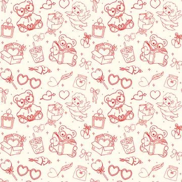Retro Valentine Bookish Seamless Pattern Wavy Squiggle Outline Hand Drawn I.. イラスト素材