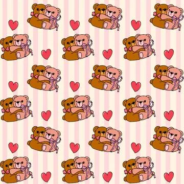 Retro Valentine Seamless Pattern Coquette Teddy Bear Hugging isolated on Ba.. Stock Illustration