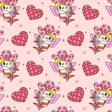 Retro Valentine Seamless Pattern Cowboy Cupid Disco Heart Cartoon isolated .. 库存插图