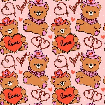 Retro Valentine Seamless Pattern Cowboy Teddy Bear with heart cartoon isola.. Stockillustratie
