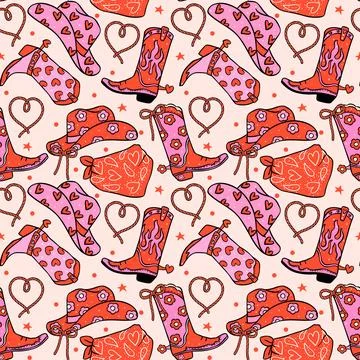Retro Valentine Seamless Pattern Girly Cowboy Hat and boots Cartoon isolate.. 스톡 일러스트