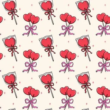 Retro Valentine Seamless Pattern Heart Lollipops with Bow Nostalgic Illustr.. Illustrazione stock