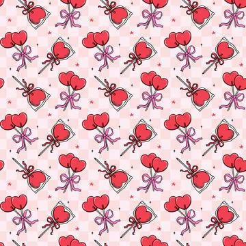 Retro Valentine Seamless Pattern Heart Lollipops with Bow with check patter.. Illustrazione stock