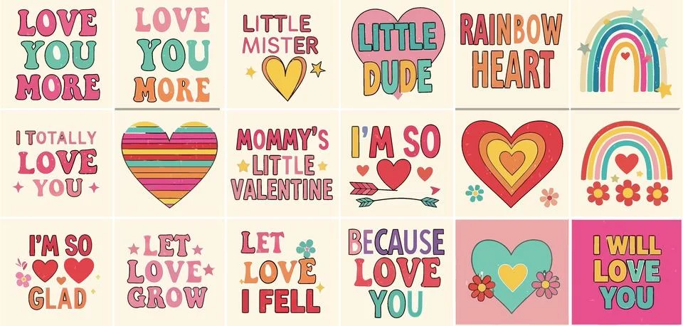 Retro Valentine's Day Graphics Bundle: Hearts, Rainbows, Love Sayings, Cute.. 스톡 일러스트