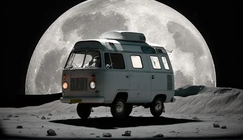 Retro van at night against the backdrop of the moon Stock Illustration