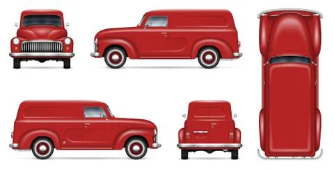 Retro van vector mockup. Isolated vehicle template side, front, back, top view Stock Illustration