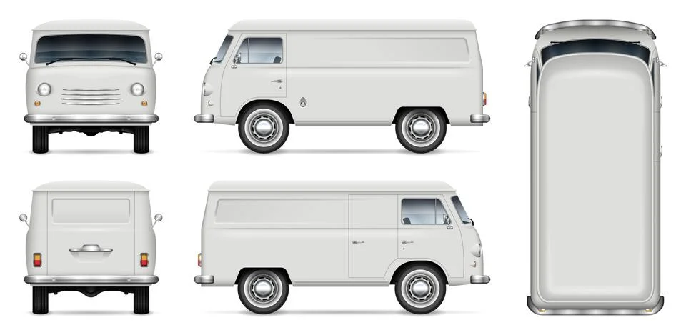 Retro van vector mockup. Isolated vehicle template side, front, back, top view Stock Illustration