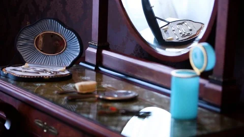 Retro vanity table inside a woman's bedroom. Antique objects on display Stock Footage 109596720
