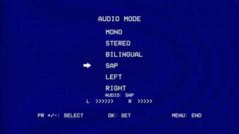 Retro VCR audio mode menu cycles through stereo, right, and bilingual settings Stock Footage 344325362