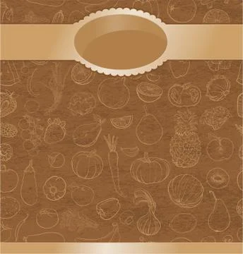 Retro vector background with contour drawing of vegetables, fruit, berries Stock Illustration