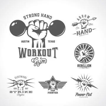 Retro Vector Fists Logo Templates Set. Different Abstract Concepts with Hand 스톡 일러스트